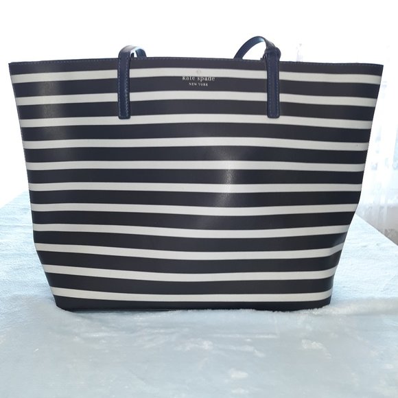 Kate Spade New York Janie medIum blue white striped leather tote
